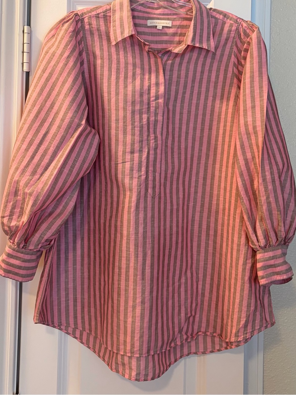 ANN MASHBURN Pink and Gray Striped Linen/Cotton Shirt - Picture 2 of 10